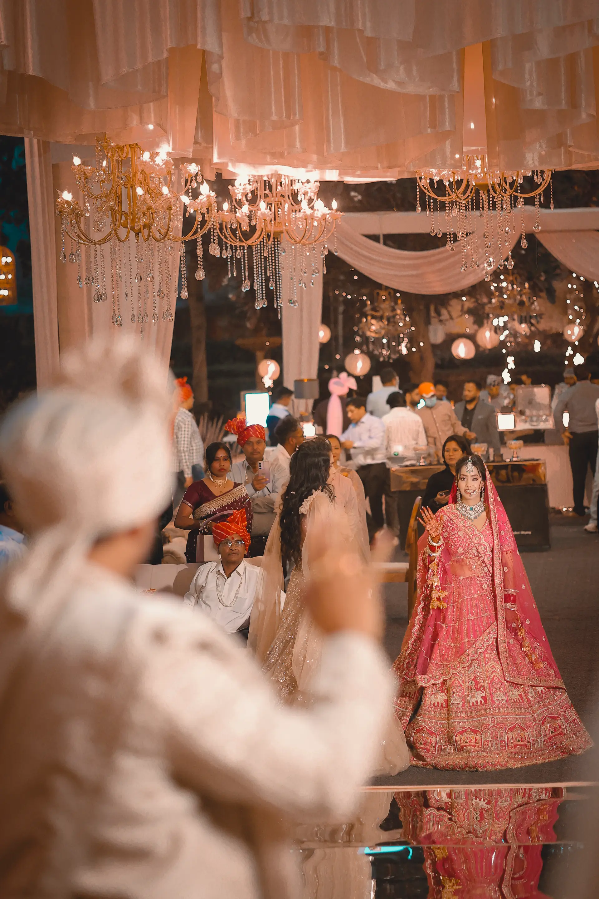 Amit & Shivani wedding reception with chandeliers by The Wedding Galaxy