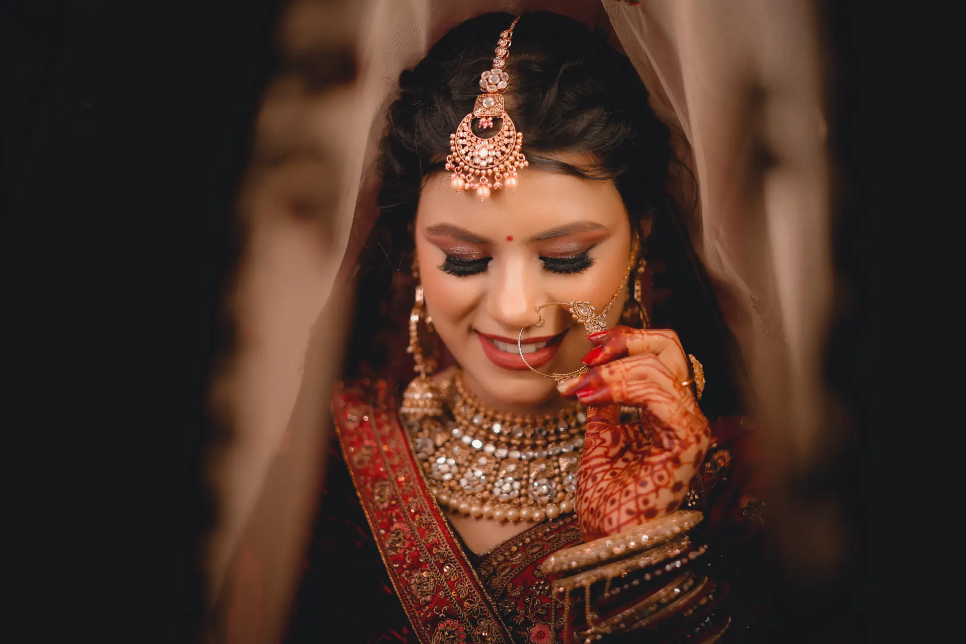 Editorial bridal closeup of Shruti under veil by The Wedding Galaxy